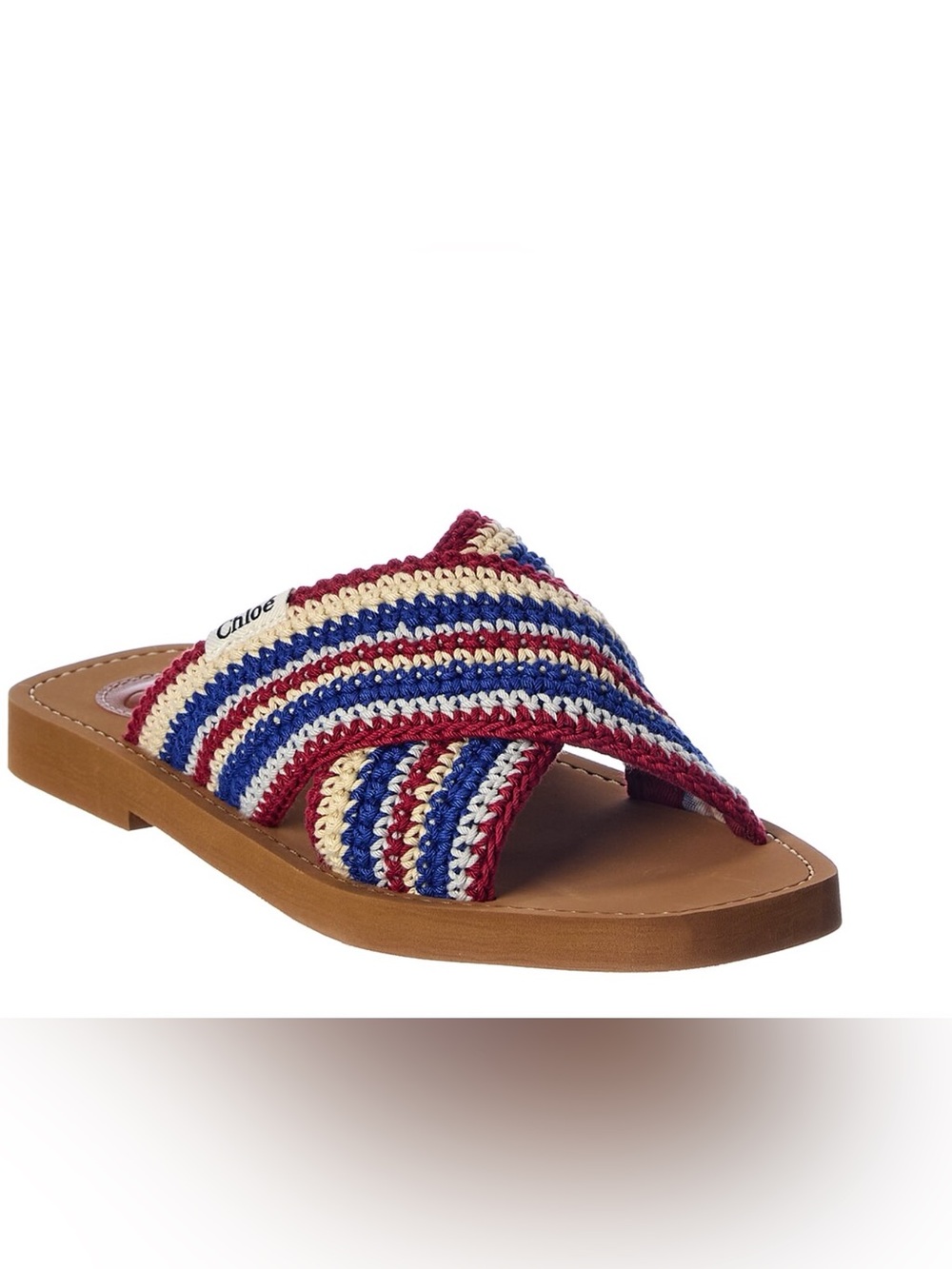 Chloe striped crochet trim, woody, slide sandals multicolor, NWT